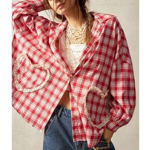 Boho Plaid Floral Print Eyelet Heart Pockets Button Down Shirt